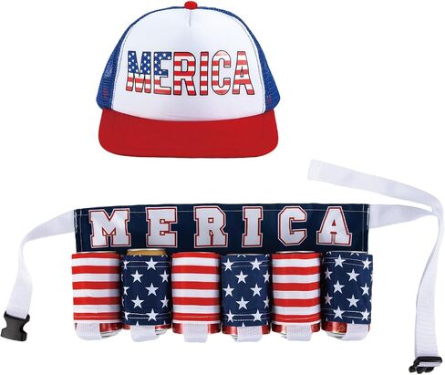 QCWN Insulated Beer Belt 6 Pack Beer Holder USA Patriotic Beer Hat Waist Pack Fun Beer Accessories And Gifts For Men 4th Of July White Trash Party Attire in Kuwait