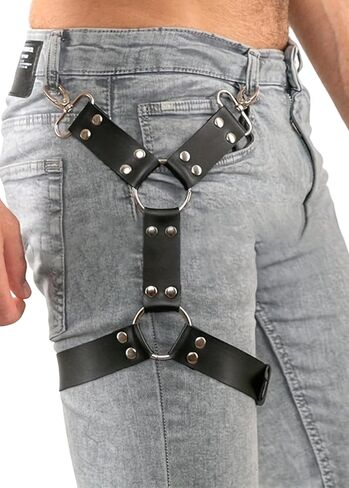 Men Adjustable Leg Harness Belt Faux Leather Thigh Strap with Alloy Rings, Punk Gothic Pants Accessory for Streetwear Festival Costume(Thigh 19.1-27.2in) in Saudi Arabia
