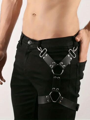 Men Adjustable Leg Harness Belt Faux Leather Thigh Strap with Alloy Rings, Punk Gothic Pants Accessory for Streetwear Festival Costume(Thigh 19.1-27.2in) in Saudi Arabia