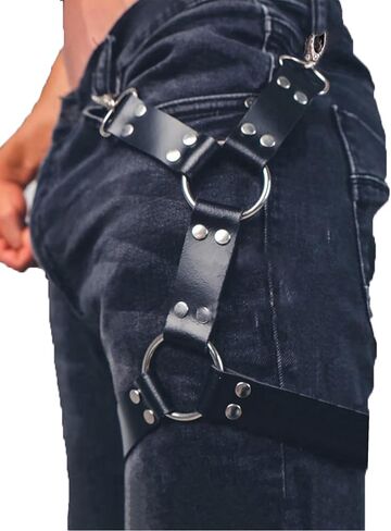 Men Adjustable Leg Harness Belt Faux Leather Thigh Strap with Alloy Rings, Punk Gothic Pants Accessory for Streetwear Festival Costume(Thigh 19.1-27.2in) in Saudi Arabia