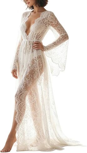 Hosrnovo 70.5" Extra Ivory White Long Floor Length Bridal Lace Robe, Sweeping Dramatic Wedding Morning Getting Ready Robe for Bride No Ankle Gap Guarantee in Kuwait