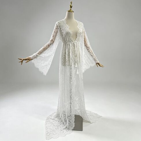Hosrnovo 70.5" Extra Ivory White Long Floor Length Bridal Lace Robe, Sweeping Dramatic Wedding Morning Getting Ready Robe for Bride No Ankle Gap Guarantee in Kuwait