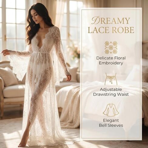 Hosrnovo 70.5" Extra Ivory White Long Floor Length Bridal Lace Robe, Sweeping Dramatic Wedding Morning Getting Ready Robe for Bride No Ankle Gap Guarantee in Kuwait