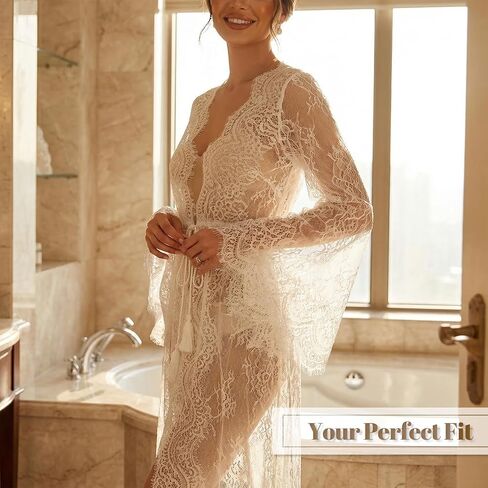 Hosrnovo 70.5" Extra Ivory White Long Floor Length Bridal Lace Robe, Sweeping Dramatic Wedding Morning Getting Ready Robe for Bride No Ankle Gap Guarantee in Kuwait