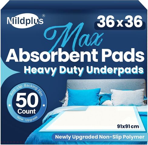 MILDPLUS Heavy Duty Underpad 36''x36'' 50 Count 125 Grams Extra Large Chucks Pads 3XL Disposable Bed Pads, Super Absorbent Incontinence Pads for Adults, Kids, Pee Pads (Blue) in Saudi Arabia