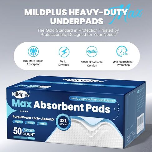 MILDPLUS Heavy Duty Underpad 36''x36'' 50 Count 125 Grams Extra Large Chucks Pads 3XL Disposable Bed Pads, Super Absorbent Incontinence Pads for Adults, Kids, Pee Pads (Blue) in Saudi Arabia