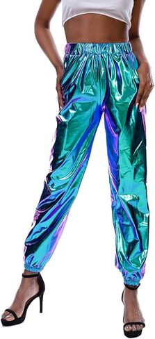 SIAEAMRG Womens Shiny Metallic High Waist Stretchy Jogger Pants, Wet Look Hip Hop Club Wear Holographic Trousers Sweatpant in Saudi Arabia