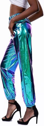 SIAEAMRG Womens Shiny Metallic High Waist Stretchy Jogger Pants, Wet Look Hip Hop Club Wear Holographic Trousers Sweatpant in Saudi Arabia