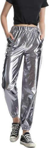 SIAEAMRG Womens Shiny Metallic High Waist Stretchy Jogger Pants, Wet Look Hip Hop Club Wear Holographic Trousers Sweatpant in Saudi Arabia