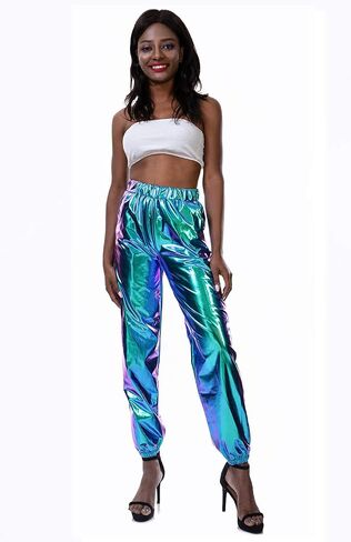 SIAEAMRG Womens Shiny Metallic High Waist Stretchy Jogger Pants, Wet Look Hip Hop Club Wear Holographic Trousers Sweatpant in Saudi Arabia