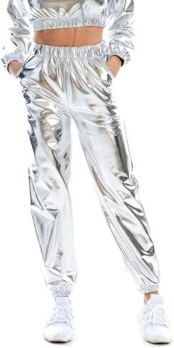 SIAEAMRG Womens Shiny Metallic High Waist Stretchy Jogger Pants, Wet Look Hip Hop Club Wear Holographic Trousers Sweatpant in Saudi Arabia