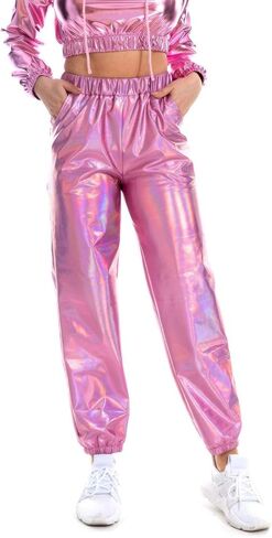 SIAEAMRG Womens Shiny Metallic High Waist Stretchy Jogger Pants, Wet Look Hip Hop Club Wear Holographic Trousers Sweatpant in Saudi Arabia