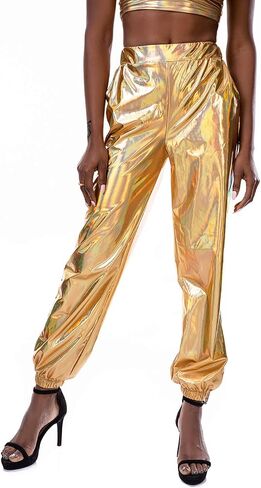 SIAEAMRG Womens Shiny Metallic High Waist Stretchy Jogger Pants, Wet Look Hip Hop Club Wear Holographic Trousers Sweatpant in Saudi Arabia