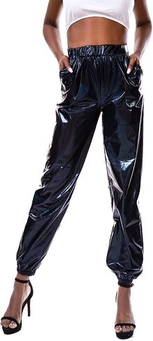 SIAEAMRG Womens Shiny Metallic High Waist Stretchy Jogger Pants, Wet Look Hip Hop Club Wear Holographic Trousers Sweatpant in Saudi Arabia