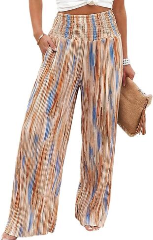 CHICME Womens Wide Leg Pants Boho High Waisted Pants Flowy Striped Palazzo Pants with Pockets in Kuwait