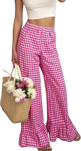 Women's Plaid Ruffle Hem Pants Drawstring Mid Waist Straight Leg Wide Leg Loose Slacks Casual Trousers with Pockets in Saudi Arabia