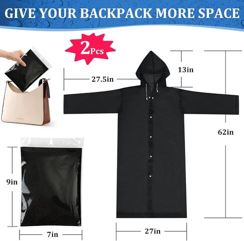 Rain Ponchos for Adults Reusable (2 Pack), Waterproof EVA Raincoats with Hood & Drawstring for Women & Men, Black in Saudi Arabia