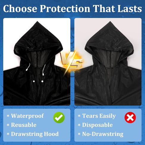 Rain Ponchos for Adults Reusable (2 Pack), Waterproof EVA Raincoats with Hood & Drawstring for Women & Men, Black in Saudi Arabia