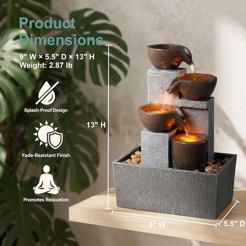 13 Inch Tabletop Water Fountain Indoor, Desktop Waterfall Fountain with LED Lights, Indoor Fountain Zen Decor for Home Office Bedroom Meditation Relaxation Desk Decor, Gift for Women and Mom in Saudi Arabia