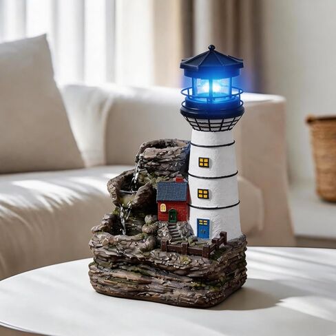 Tolevoit Indoor Tabletop Water Fountain, Mediterranean Coastal Lighthouse Waterfall with Blue LED Light, Relaxing Zen Desk Fountain for Office & Bedroom, Nautical Home Decor Stress Relief Gift in Saudi Arabia