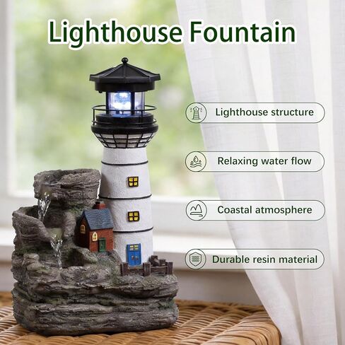 Tolevoit Indoor Tabletop Water Fountain, Mediterranean Coastal Lighthouse Waterfall with Blue LED Light, Relaxing Zen Desk Fountain for Office & Bedroom, Nautical Home Decor Stress Relief Gift in Saudi Arabia