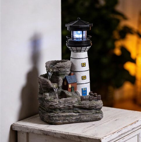 Tolevoit Indoor Tabletop Water Fountain, Mediterranean Coastal Lighthouse Waterfall with Blue LED Light, Relaxing Zen Desk Fountain for Office & Bedroom, Nautical Home Decor Stress Relief Gift in Saudi Arabia