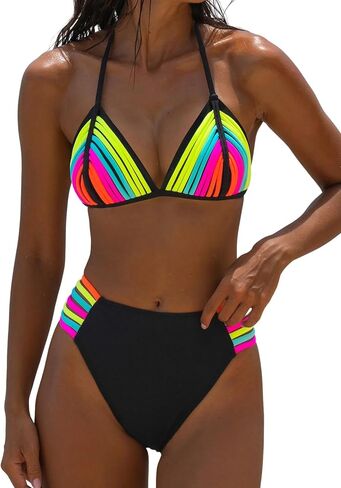 popvil Women's Rainbow Halter Bikini Sets Two Piece Neon Sexy Cute Swimsuits High Cut String Bathing Suit in Kuwait