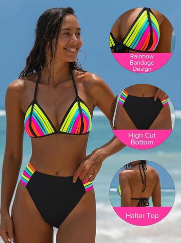 popvil Women's Rainbow Halter Bikini Sets Two Piece Neon Sexy Cute Swimsuits High Cut String Bathing Suit in Kuwait