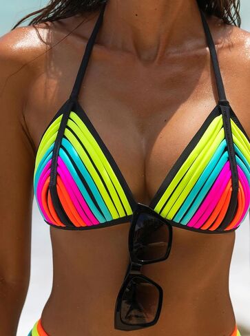 popvil Women's Rainbow Halter Bikini Sets Two Piece Neon Sexy Cute Swimsuits High Cut String Bathing Suit in Kuwait