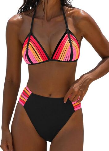 popvil Women's Rainbow Halter Bikini Sets Two Piece Neon Sexy Cute Swimsuits High Cut String Bathing Suit in Kuwait
