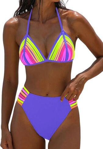 popvil Women's Rainbow Halter Bikini Sets Two Piece Neon Sexy Cute Swimsuits High Cut String Bathing Suit in Kuwait