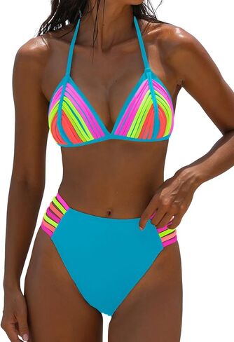 popvil Women's Rainbow Halter Bikini Sets Two Piece Neon Sexy Cute Swimsuits High Cut String Bathing Suit in Kuwait