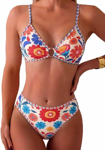 Tainehs Women's Two Piece Bikini Sets O Ring Front Top Ditsy Floral Triangle Swimsuits Cheeky Bathing Suit in Kuwait
