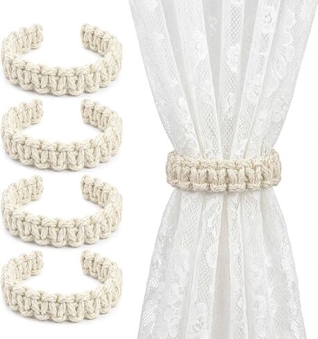 Curtain Tiebacks, Boho Rustic Braided Curtain Holdbacks for Indoor Outdoor Curtains, Bendable and Adjustable, Brown, 4 Pcs in Saudi Arabia