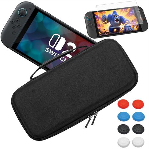 FUNLAB Case for Nintendo Switch 2 Accessories Bundle, Switch2 Carrying Case and Screen Protector, Protective Travel Switch Bag, Tempered Glass Screen Protector and 8pcs Thumb Grips Caps - Black in Saudi Arabia
