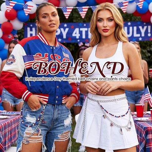 Bohend 4th من يوليو الخصر حزام على شكل سلسلة يوم الاستقلال السراويل سلسلة الولايات المتحدة الأمريكية العلم حجر الراين القلب ستار سحر سلاسل حزام أحمر أبيض أزرق الوطنية مجوهرات in Kuwait