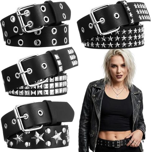 4 Pcs Studded Y2K Belt Set Grunge Clothes Accessories with Double Grommet, Star, Rivet Punk Styles, Faux Leather Gothic Goth Black for Men and Women in Saudi Arabia