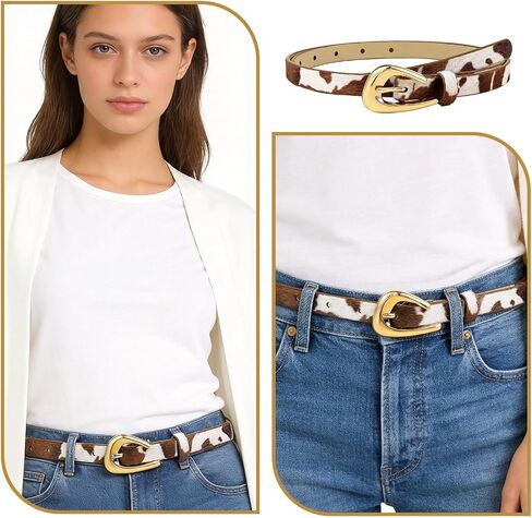 Cow Print Belt for Women - Western Style Faux Leather Waist Belt with Metal Buckle, Trendy Cow Print Belts for Women for Jeans, Dresses and Daily Wear in Saudi Arabia