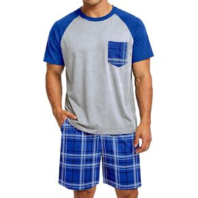 Mens Pajamas Set Summer Pjs Short Sleeve Sleep Set Soft Sleepwear 2 Piece Plaid Loungewear with Pockets M-2XL in Saudi Arabia