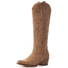 IUV Knee High Cowboy Boots for Women-Wide Calf Embroidered Cowgirl Boots, Pointed Toe Chunky Heel Slip On Retro Western Tall Plus Size Boots for Party & Concert in Saudi Arabia