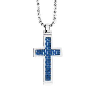 CROSS - BLUE CARBON FIBER TUNGSTEN CARBIDE CROSS PENDANT ON BOX CHAIN NECKLACE in Saudi Arabia