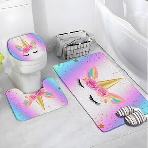 AMFD 3 Pieces Bath Rugs Unicorn Rainbow Magic Head Rose Flower Romantic Cute Girl Baby Kid Pink Blue Cartoon Bathroom Decor Mat Set Soft Memory Foam Backing,16x24 Inch Bath Mat Sets or Bathroom Decor in Saudi Arabia
