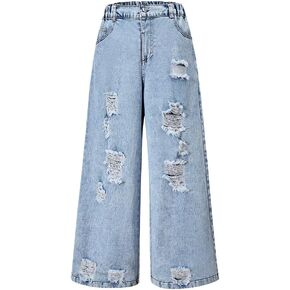 Nivne Tco Teen Girls Jeans Streetwear Ripped Wide Leg Design 5-Pocket Light Wash Distressed Denim Pants with Zipper Fly in Kuwait