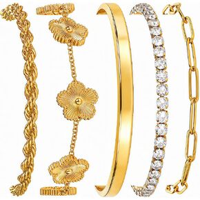 Gold Bracelets Set for Women Non Tarnish Waterproof 18K Gold Plated Lucky Floral Tennis Chunky Cuff Bracelet Tie Cuban Rope Paperclip Bracelet Stackable Trendy Fashion Accessories Stack Jewelry Gifts 5 Pcs for Mothers Day Birthday in Saudi Arabia