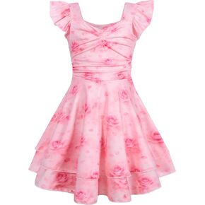 Girls Sleeveless Floral Dresses Ruched Tiered Flowy Swing Tween Summer Dress for Girl 7-16Y in Kuwait