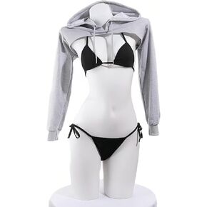 Sexy Gray Hoodie with Black Bikini, Breast-Exposing Hooded Pullover, One Size Fits US S-M, Please Refer to Size Chart in Kuwait