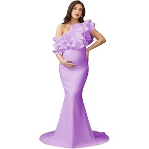 One Shoulder Ruffles Maternity Dress Satin Mermaid Court Train for Photoshoot Photography Baby Shower XD33 in Saudi Arabia