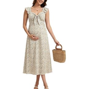 Summer Maternity Midi Dress for Baby Shower Bow Tie Neckline Ruffle Sleeves Pregnancy Dress for Photoshoot in Saudi Arabia