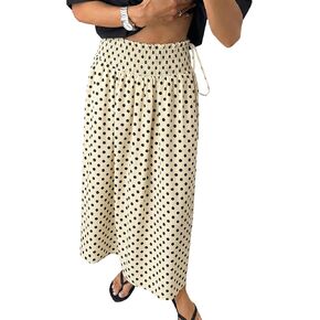 Tankaneo Womens Polka Dot Maxi Skirts Boho Smocked High Waisted Tie Skirt Casual Beach Vacation Dress in Kuwait
