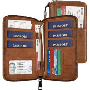 Likesing Family Passport Holder for 5, Leather RFID Blocking Multiple Passport Holder Wallet with Zipper, Travel Document Organizer with Wrist Strap Card Slots and AirTag Pocket for Women Men(Brown) in Kuwait